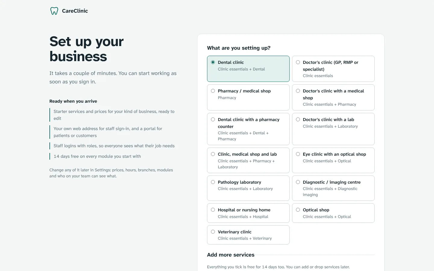 The sign-up page, where you pick your type of business