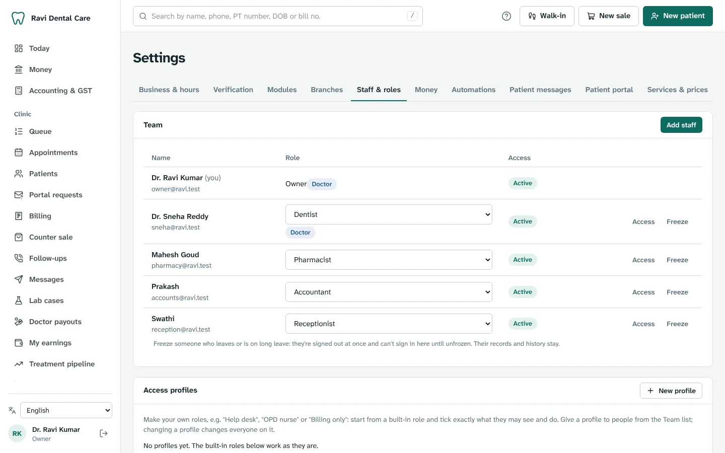 The team list in Settings, with each person's role