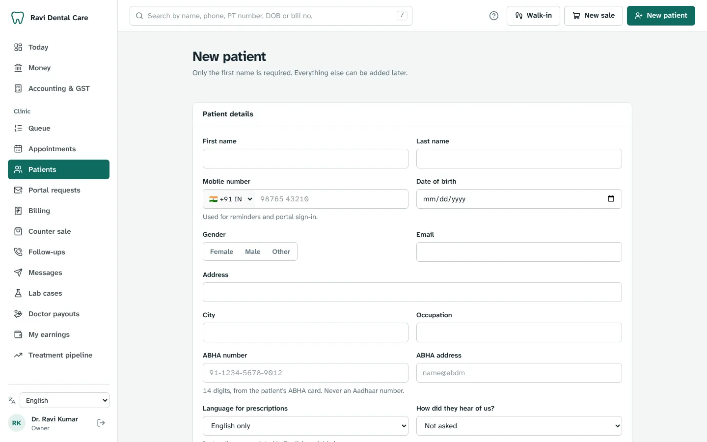 The New patient form