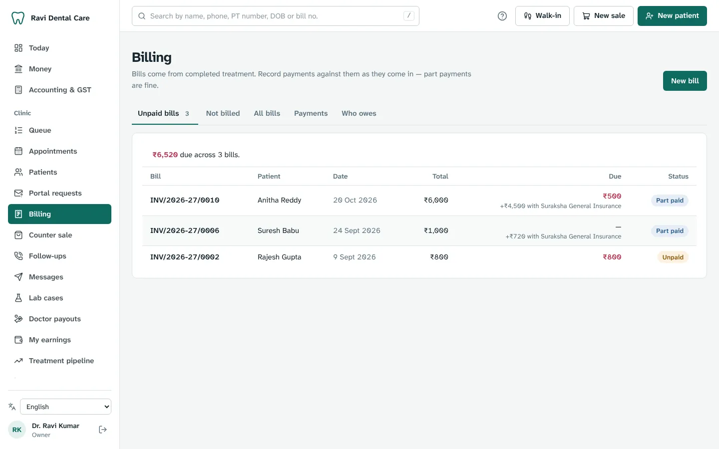 The billing list, with unpaid and part-paid bills