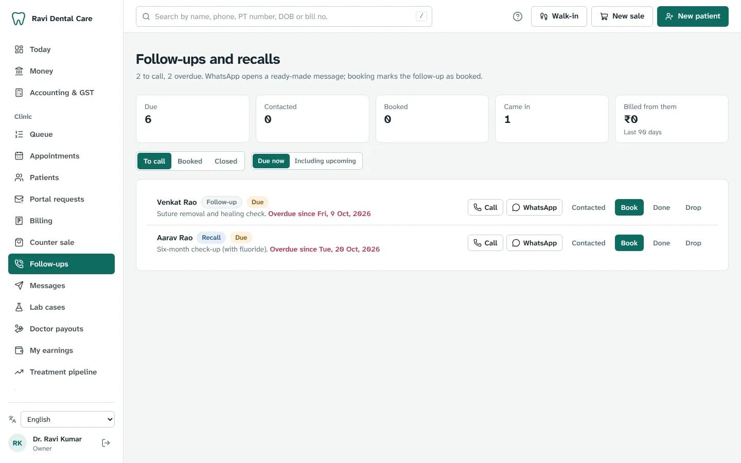 Follow-ups and recalls, with call and WhatsApp buttons